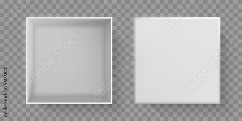 White box top view, 3D open package with cover top. Vector white cardboard paper box, empty blank isolated mockup template