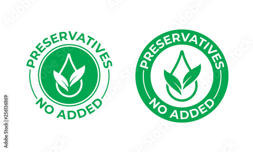 Preservatives no added vector icon. Green leaf and drop, preservatives free natural food package stamp