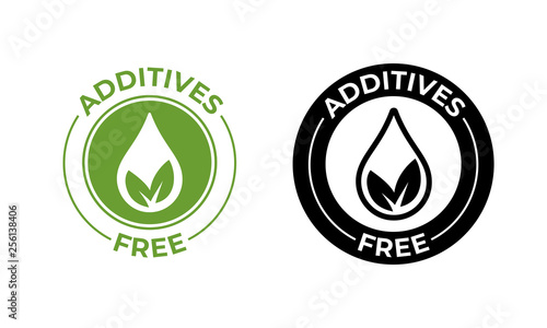 Additives free no added vector leaf and drop icon. Additives free seal, natural food package symbol