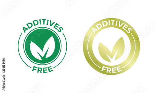 Additives free vector leaf golden icon. Additives free no added stamp, natural organic food package seal photo