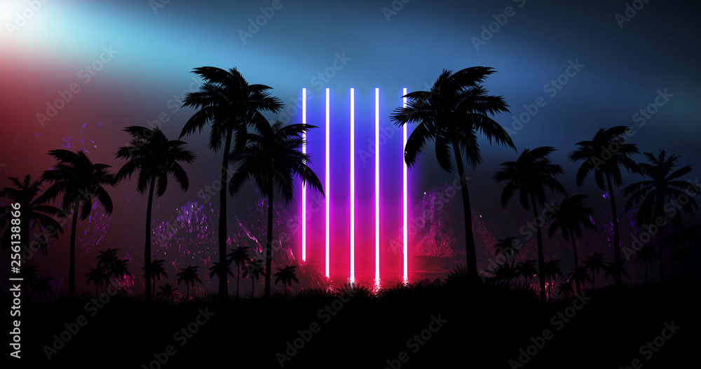 Night landscape with stars, sunset, stars. Silhouette coconut palm trees Vintage tone. Lights of the night city, neon, coast. - obrazy, fototapety, plakaty 