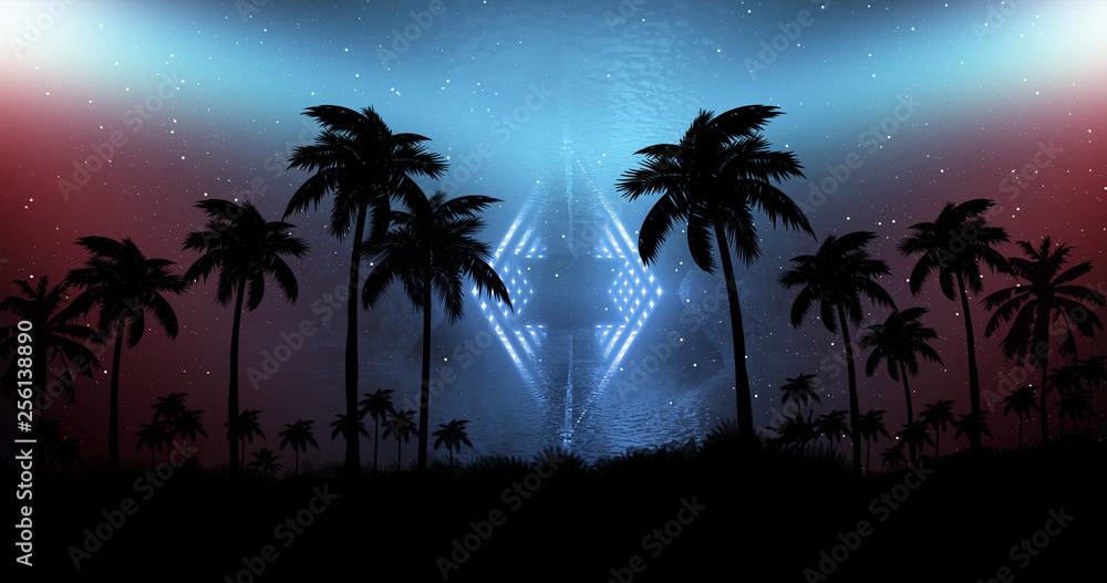 Night landscape with stars, sunset, stars. Silhouette coconut palm trees Vintage tone. Lights of the night city, neon, coast.