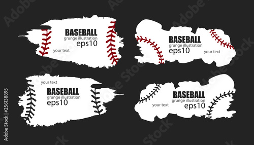 Collection of grunge designs, abstract banners for baseball. Sports template for text, brush strip, ripped ball, lacing.