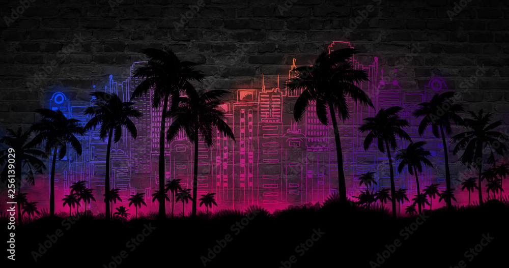 Naklejka premium Night landscape with stars, sunset, stars. Silhouette coconut palm trees Vintage tone. Lights of the night city, neon, coast.