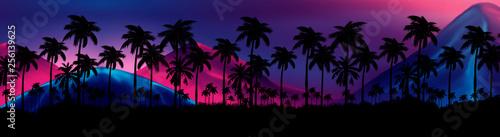 Night landscape with stars  sunset  stars. Silhouette coconut palm trees Vintage tone. Lights of the night city  neon  coast.