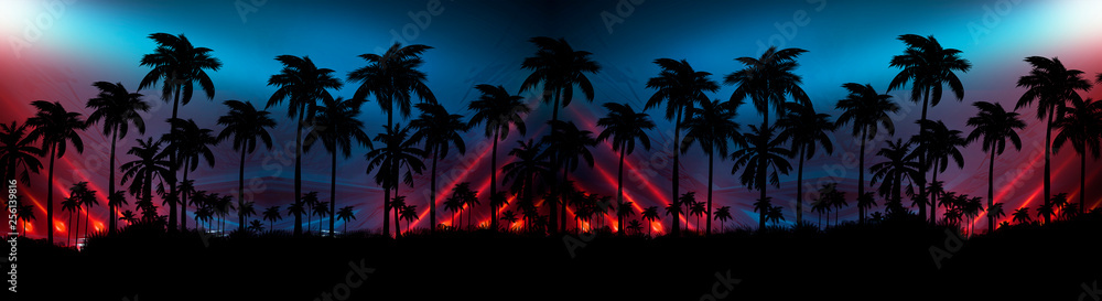 Obraz premium Night landscape with stars, sunset, stars. Silhouette coconut palm trees Vintage tone. Lights of the night city, neon, coast.