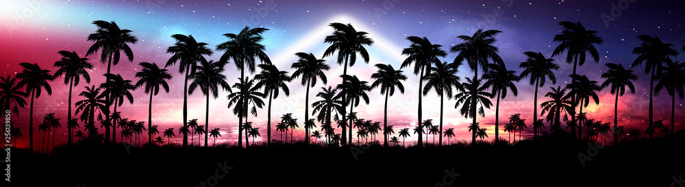 Night landscape with stars, sunset, stars. Silhouette coconut palm trees Vintage tone. Lights of the night city, neon, coast.