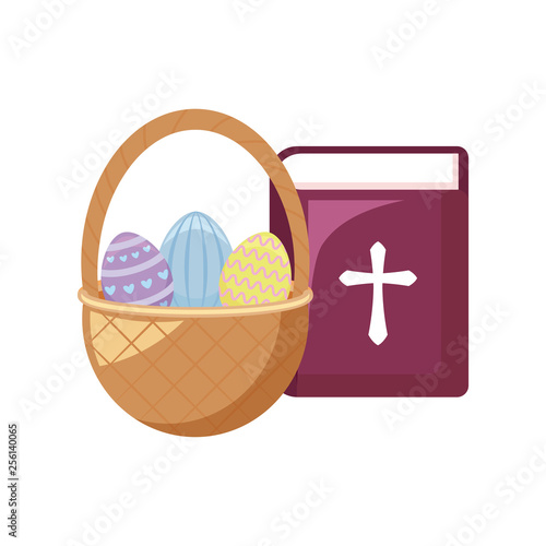 eggs of easter with basket wicker and holy bible