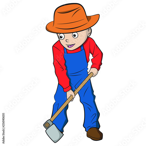 Cartoon boy digging the ground using hoe