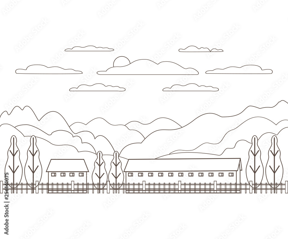 Thin line outline landscape rural farm. Panorama design village modern with mountain, hill, tree, sky, cloud and sun. Line art stile abstract backround, linear vector illustration