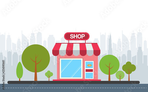 Store front  buildings icons with city background