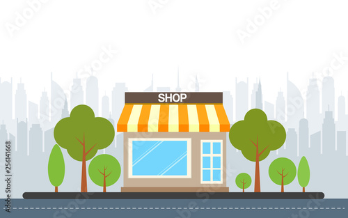 Store front  buildings icons with city background