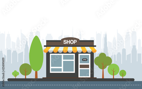 Store front  buildings icons with city background