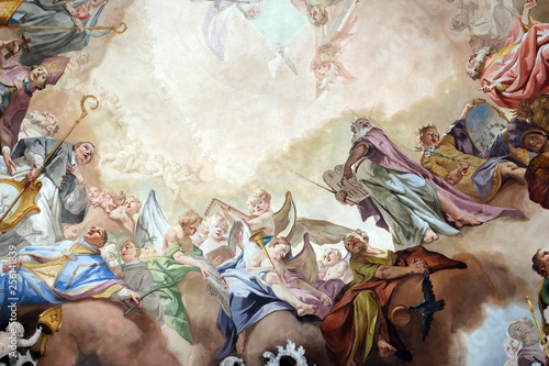 Last Judgment and Glorification of the Benedictine Order, detail of fresco by Matthaus Gunther in Benedictine monastery church in Amorbach, Germany photo