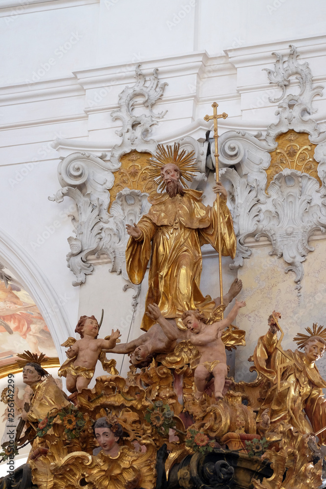 Saint Benedict statue on pulpit in Amorbach Benedictine monastery church in the district of Miltenberg in Lower Franconia in Bavaria, Germany 