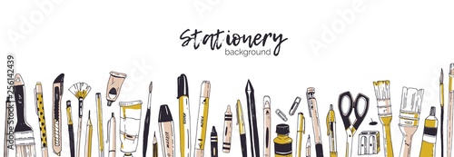 Horizontal banner template decorated by hand drawn stationery, writing utensils. Backdrop with office tools, art supplies and place for text on white background. Realistic vector illustration.
