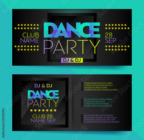 Set of two color horizontal dance party card template with graphic elements and text. 