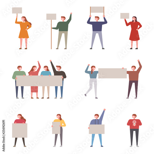 A set of people who protest with banners. flat design style minimal vector illustration