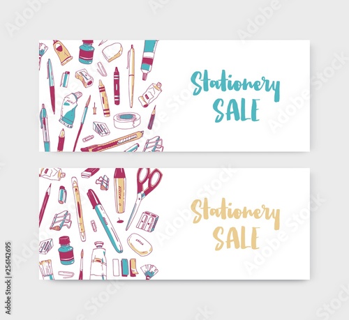 Set of web banner templates decorated by hand drawn stationery, writing utens...