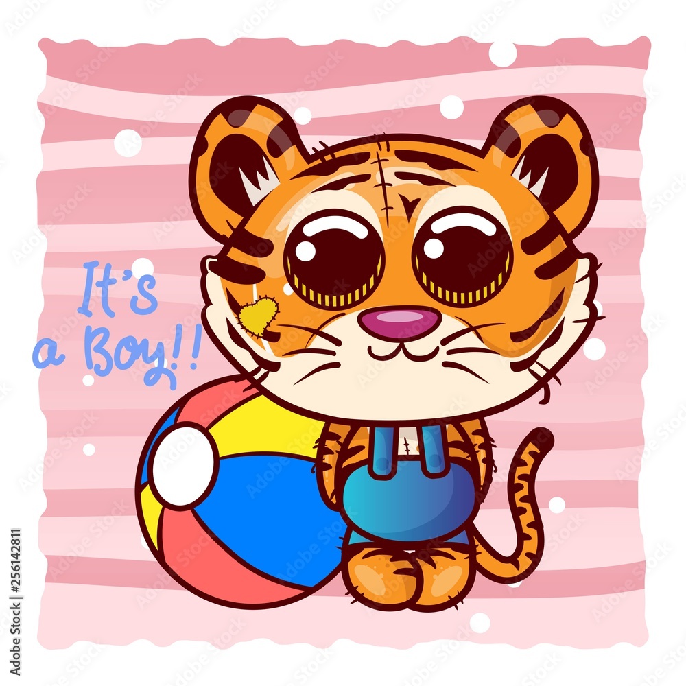 Baby Shower Greeting Card with cute Cartoon tiger boy - Vector
