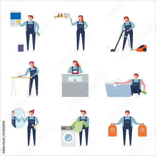 A character cleaning the house. flat design style minimal vector illustration