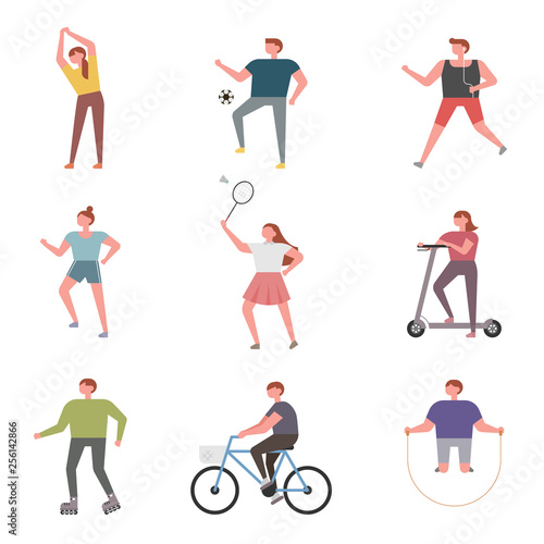 People who exercise variously for health. flat design style minimal vector illustration