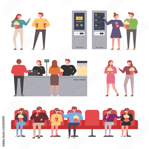 People characters about various situations that came to see movie in the movie theater. flat design style minimal vector illustration