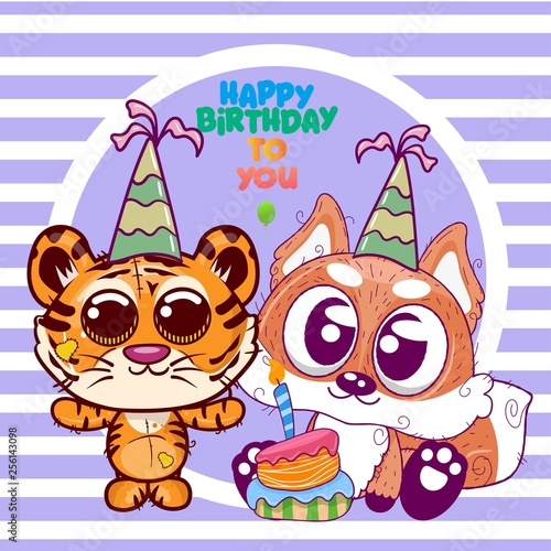 Greeting birthday card with cute tiger and fox - Illustration
