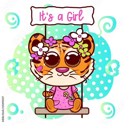 Baby Shower Greeting Card with cute Cartoon Tiger girl - Vector