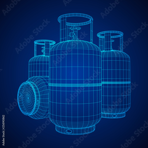 Flammable gas tank. Propane, butane, methane gas tank. Model wireframe low poly mesh vector illustration