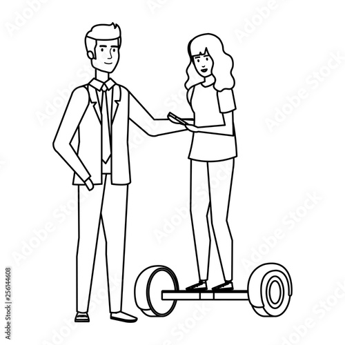 young couple in hoverboard electric