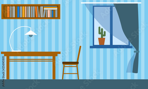 Office in the apartment with table, chair, bookshelf and window