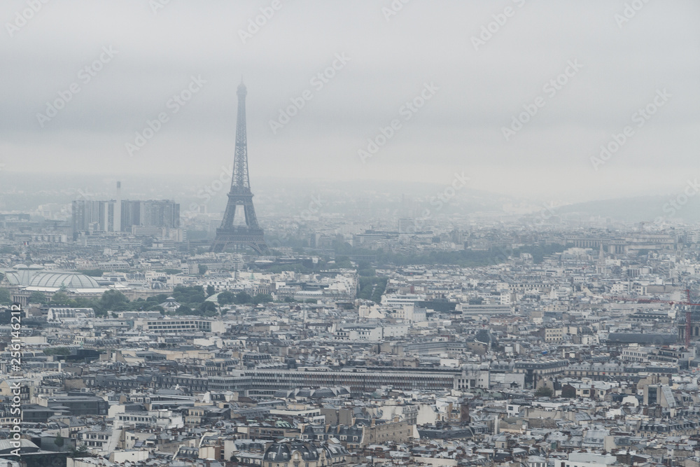 Buildings and skyline of Paris, France with Eiffel Tower, viewed from top of the Sacre-coeur in Montmartre