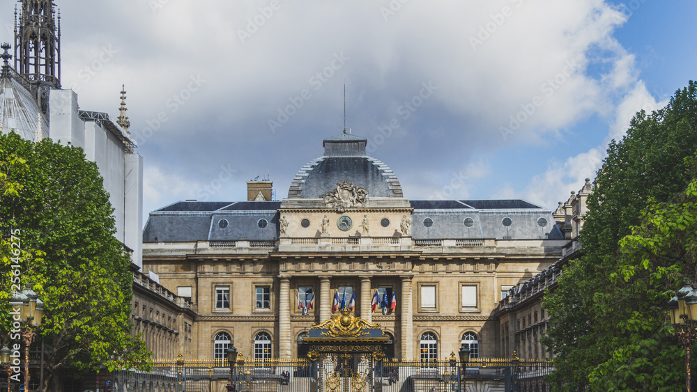 Facade of Palais de Justice in Paris, France