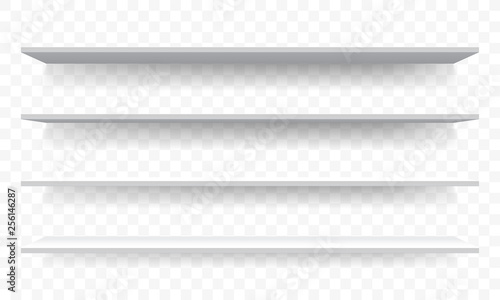 3D shelves white wall perspective. Vector isolated shelf racks mockup template