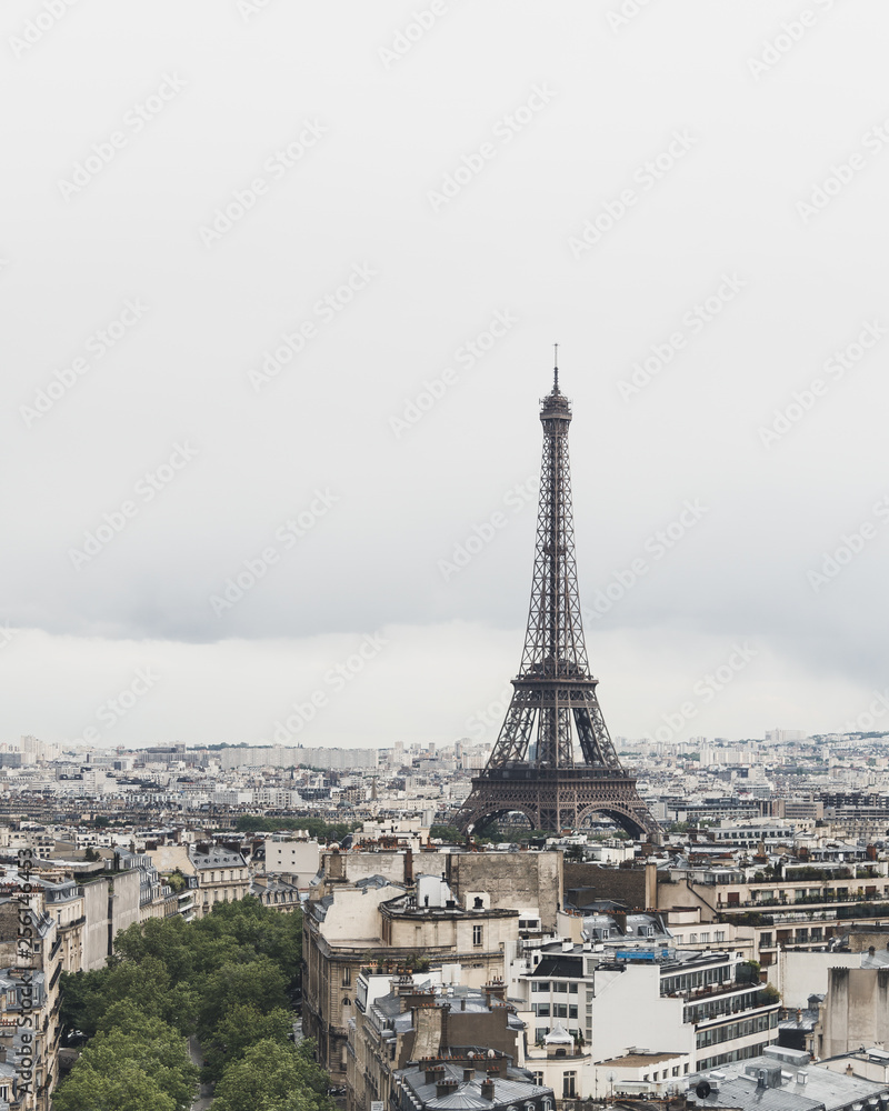 Eiffel Tower over buildings of Paris, France, viewed from Arc de Triomphe
