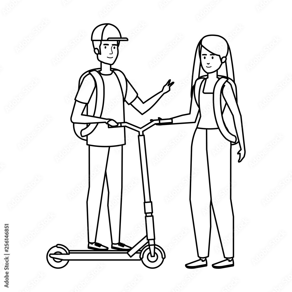 young couple in folding scooter young couple in folding scooter