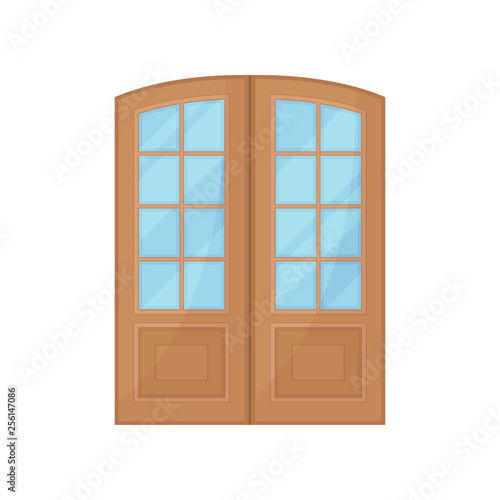 Wooden door with glass on white background.
