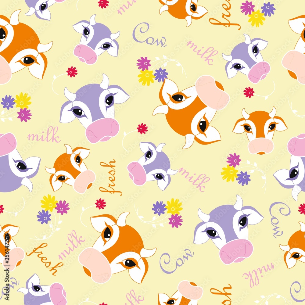 Naklejka premium Seamless cow pattern. Animal yellow background with cute cows and flowers. Vector illustarion. 