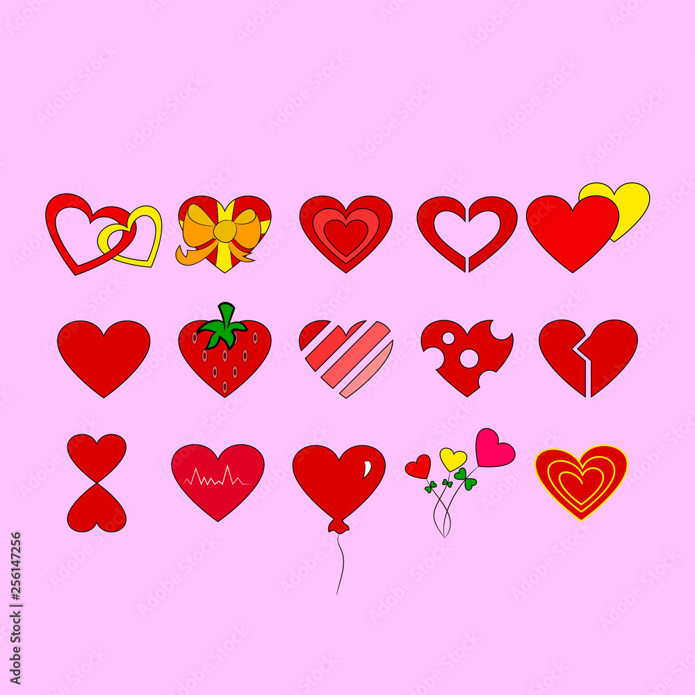 Love symbol. Set of heart. Vector illustration on pink background.