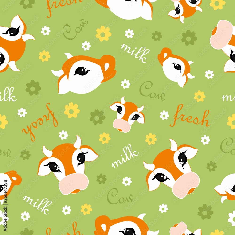 Obraz premium Seamless cow pattern. Animal green background with cute cows and flowers. Vector illustarion. 
