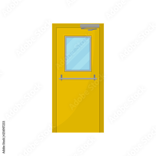 Yellow door with glass on white background.