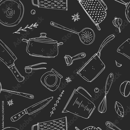 Seamless vector pattern of elements with hand drawn kitchenware on a chalkboard background