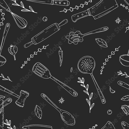 Seamless vector pattern of elements with hand drawn kitchen tools on a chalkboard background