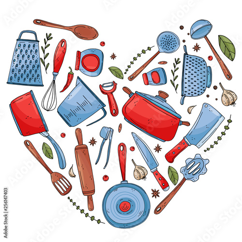 heart made of elements with hand drawn kitchen tools isolate on a white background.