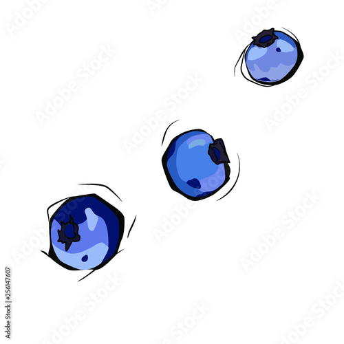 Three painted blueberries scattered on a white background