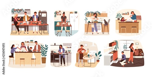 Collection of people cooking in kitchen, serving table, dining together, eating food. Set of smiling men, women and children preparing homemade meals for dinner. Flat cartoon vector illustration.