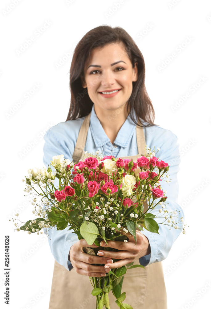 Beautiful female florist with bouquet of flowers on white background Beautiful female florist with bouquet of flowers on white background