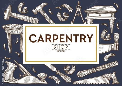 Carpentry shop woodwork tools and wooden furniture store