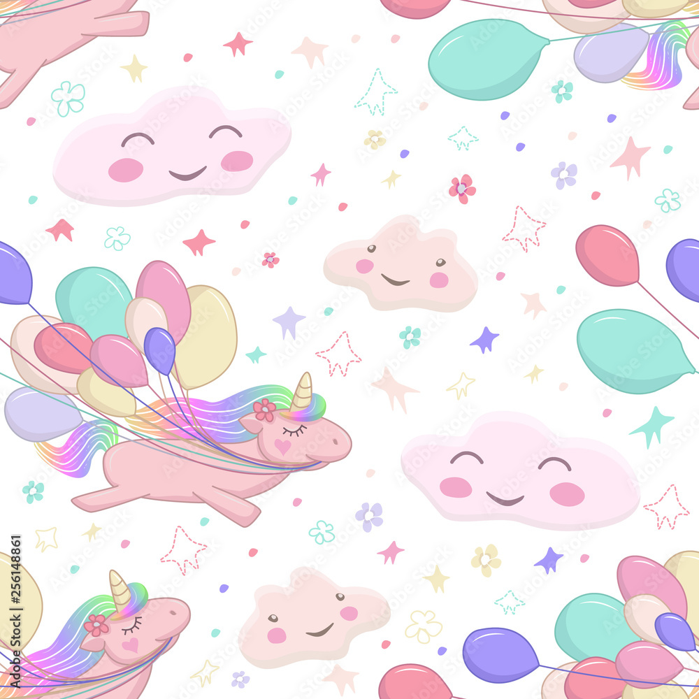 custom made wallpaper toronto digitalpattern with flying unicorn holds colorful balls in its mouth.